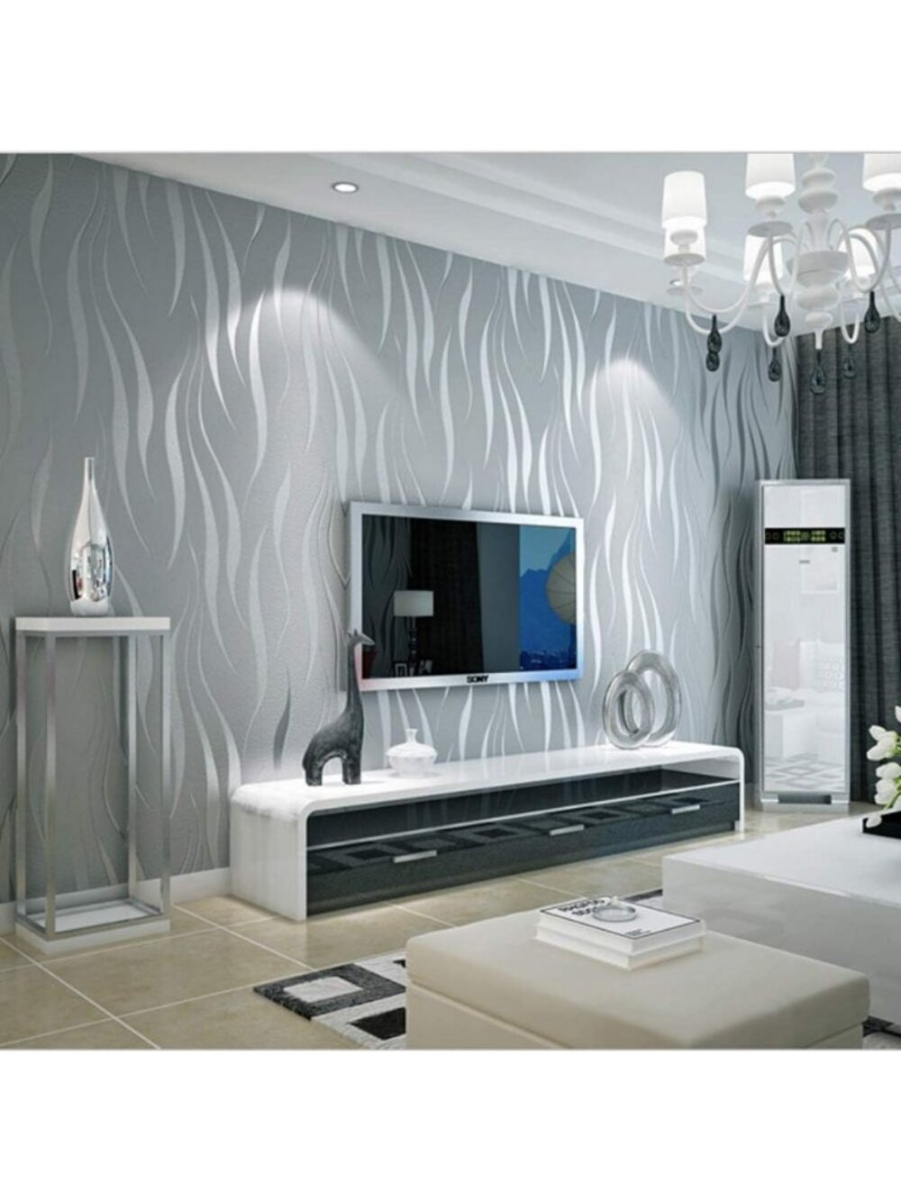 3D Embossed Wave Striped Wallpaper - Silver Gray Flocking Foam Decor, Stylish